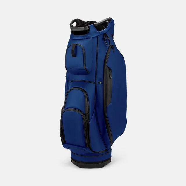 Custom cart bag with full-length dividers and reinforced base mounted on a tournament trolley